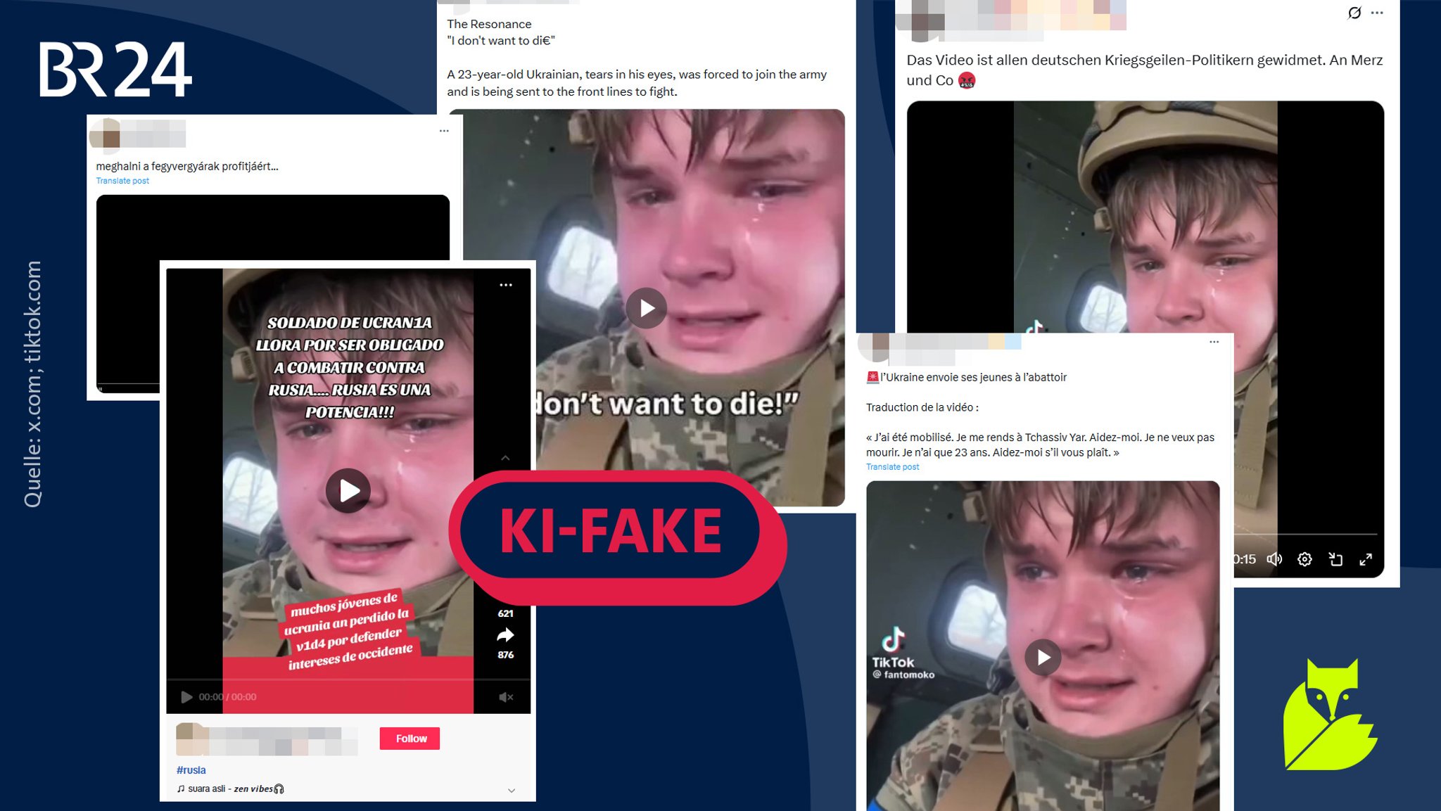 Screenshots eines KI-Deepfakes eines ukrainischen Soldaten, darüber der Stempel "KI-Fake".