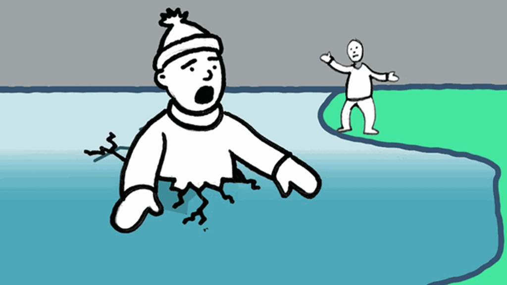 Illustration: Mann ist ins Eis eingebrochen und ruft um Hilfe