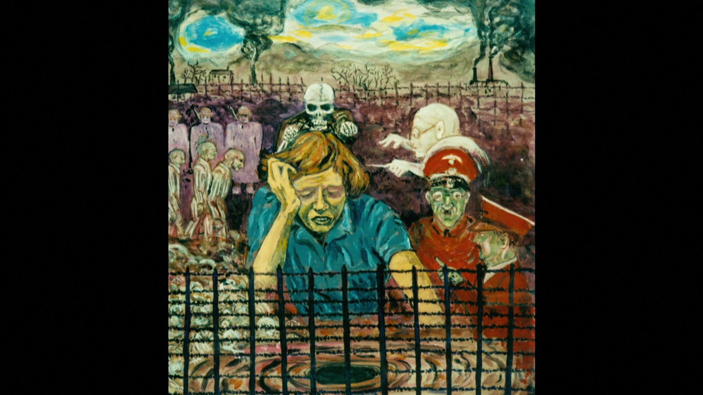 Eine verzweifelte junge Frau hinter Stacheldraht, neben ihr ein SS-Mann, hinter ihr der Tod. Der Titel: „Todesangst“ heißt dieses Gemälde. Es ist eines der eindrucksvollen Bilder, in denen Irmingard von Bayern ihre existenziellen Erfahrungen in den Konzentrationslagern verarbeitet. 