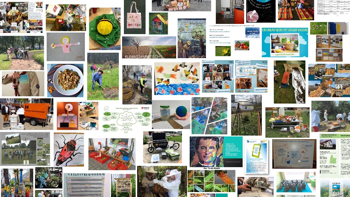Viele kleine Bilder, die Teile von Umweltschutzprojekten zeigen