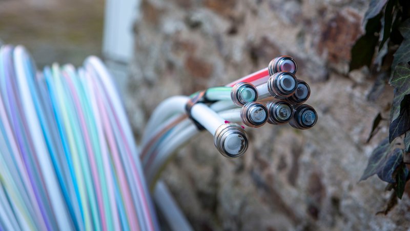 Glasfaserkabel an einem Verteilerkasten | Bild: picture alliance / Goldmann | Goldmann Glasfaserkabel an einem Verteilerkasten