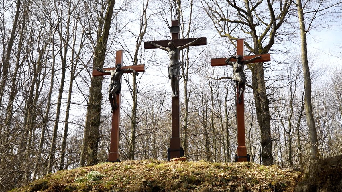 Mehrere hohe Kreuze stehen auf einer kleinen Anhöhe in einem Wald.