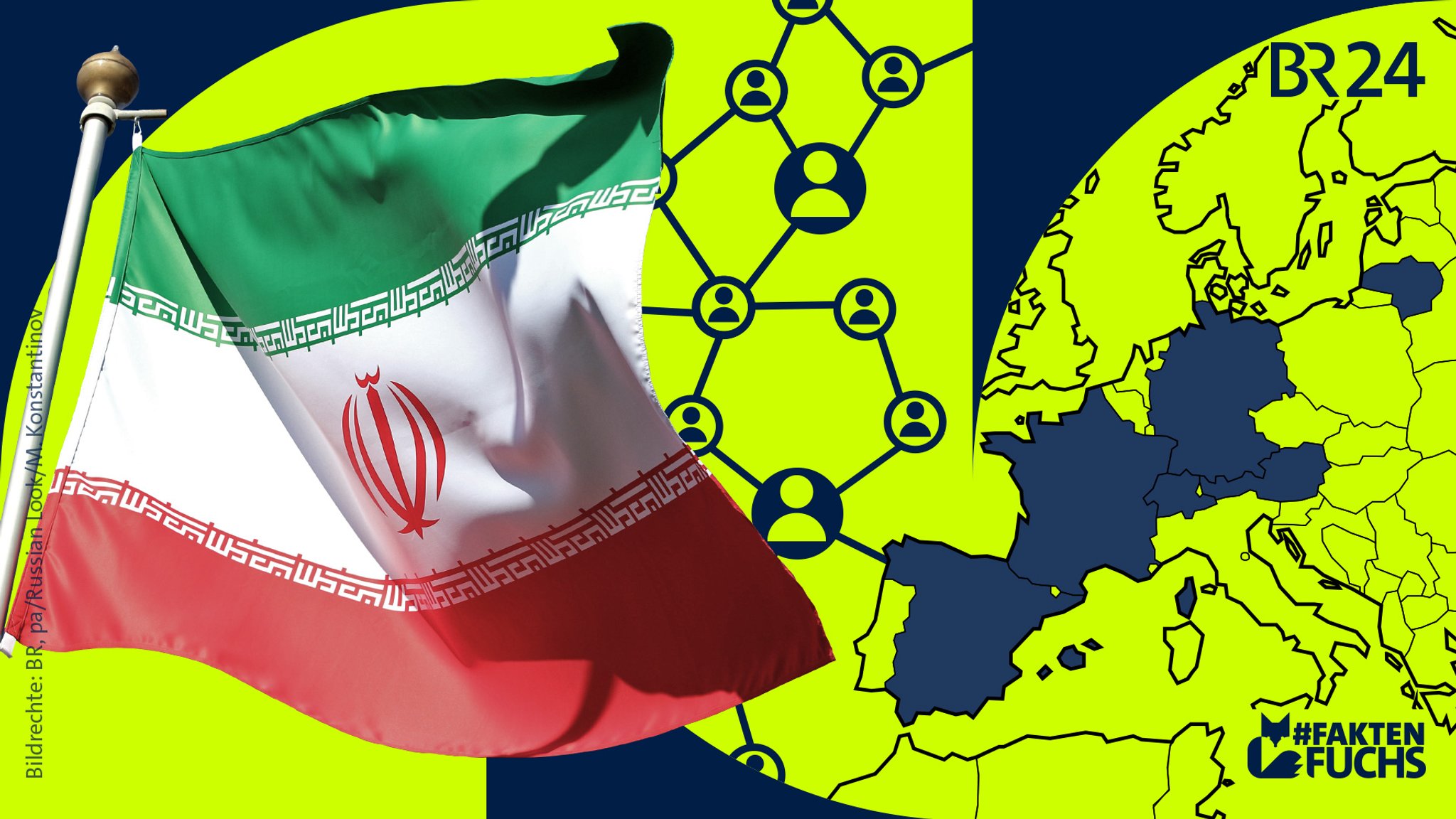 Links im Bild weht eine Iran-Flagge, rechts sieht man eine Europakarte, auf der die an der Recherche beteiligten Länder markiert sind. In der Mitte ist eine Illustration eines koordinierten Social Media-Netzwerks.