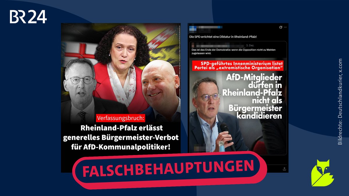 Screenshots zweier Posts mit der Falschbehauptung, AfD-Mitglieder dürften in Rheinland-Pfalz pauschal nicht zur Bürgermeisterwahl antreten.