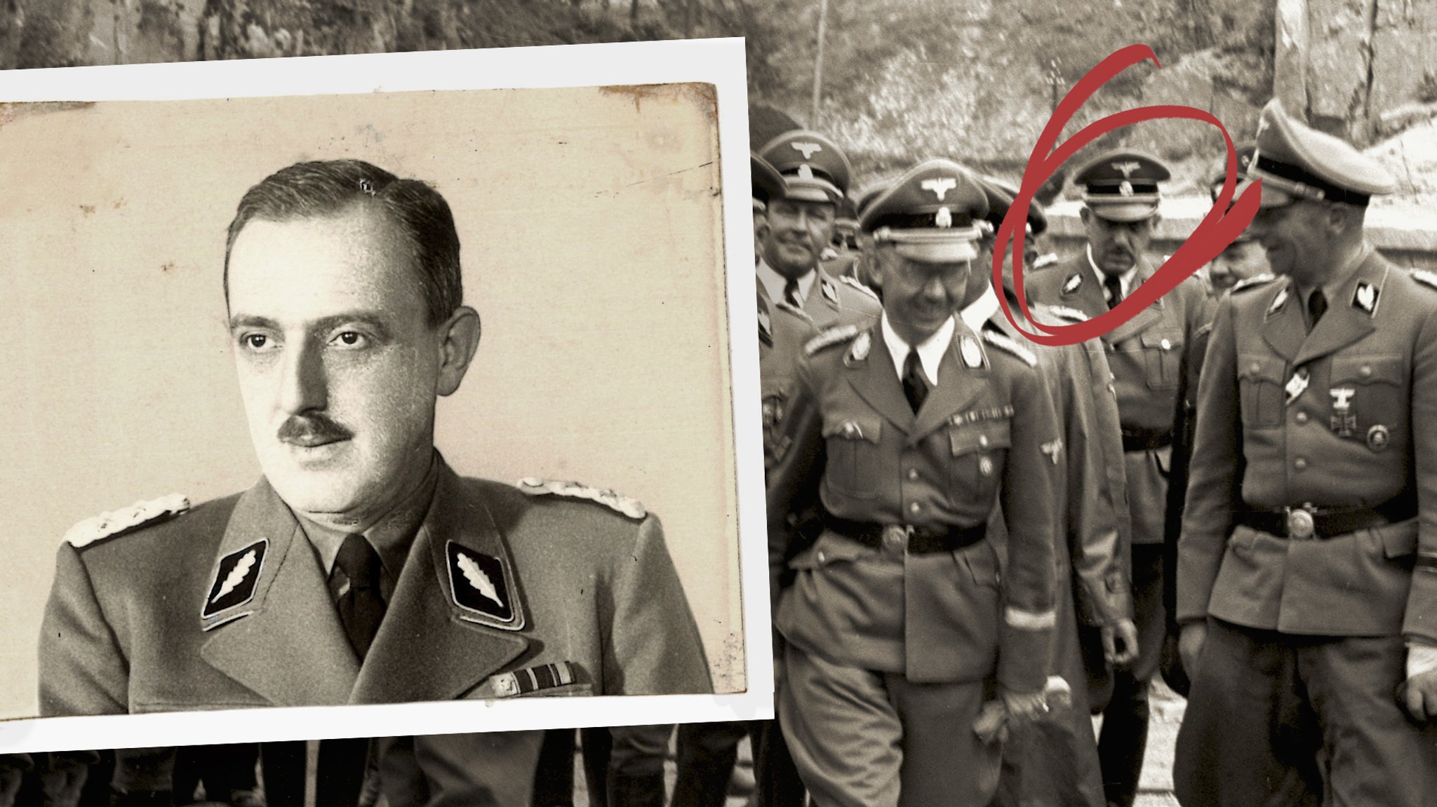 Fotografie von Franz Josef Huber über einem Foto einer Gruppe SS-Offizieren, die mit Heinrich Himmler 1941 das KZ Mauthausen besuchen