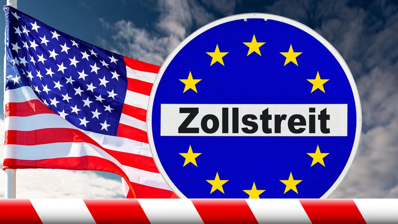 Fahne der USA vor dunklem Himmel mit einer Schranke und einem Schild mit EU Flagge mit Aufschrift: Zollstreit | Bild: picture alliance / CHROMORANGE | Michael Bihlmayer Fahne der USA vor dunklem Himmel mit einer Schranke und einem Schild mit EU Flagge mit Aufschrift: Zollstreit