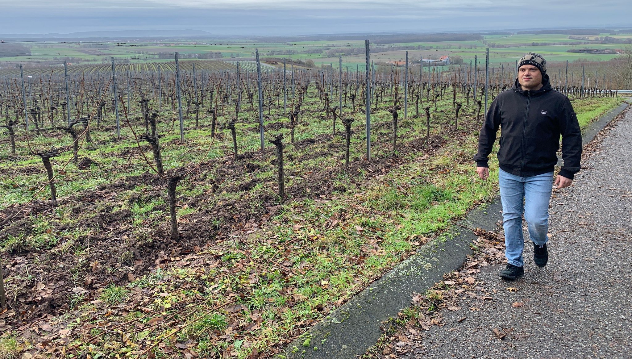 Johannes Schötz läuft an einem Weinberg entlang.