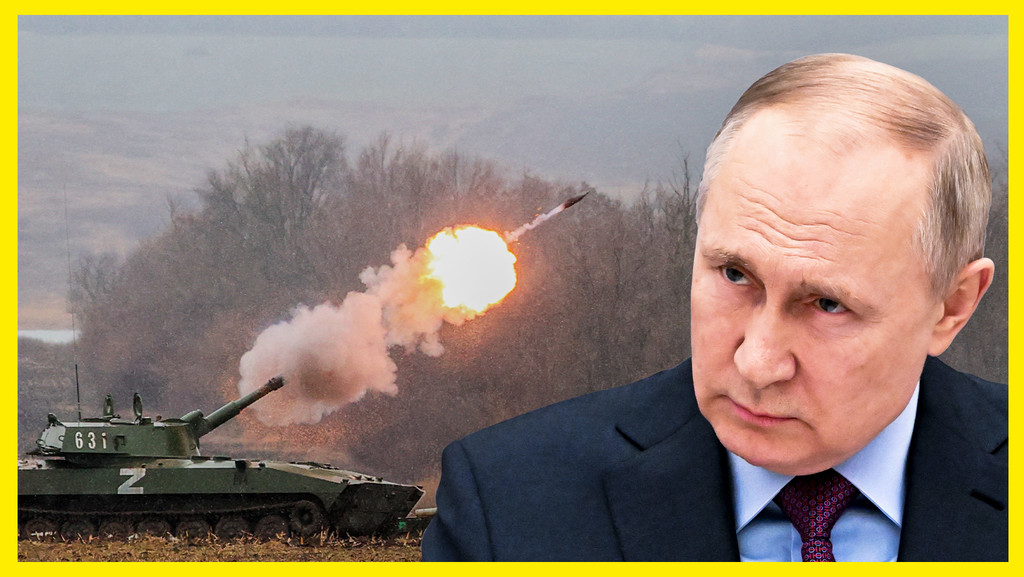 Der russische Präsident Wladimir Putin, neben ihm ein Panzer, der gerade ein Geschoss abfeuert.