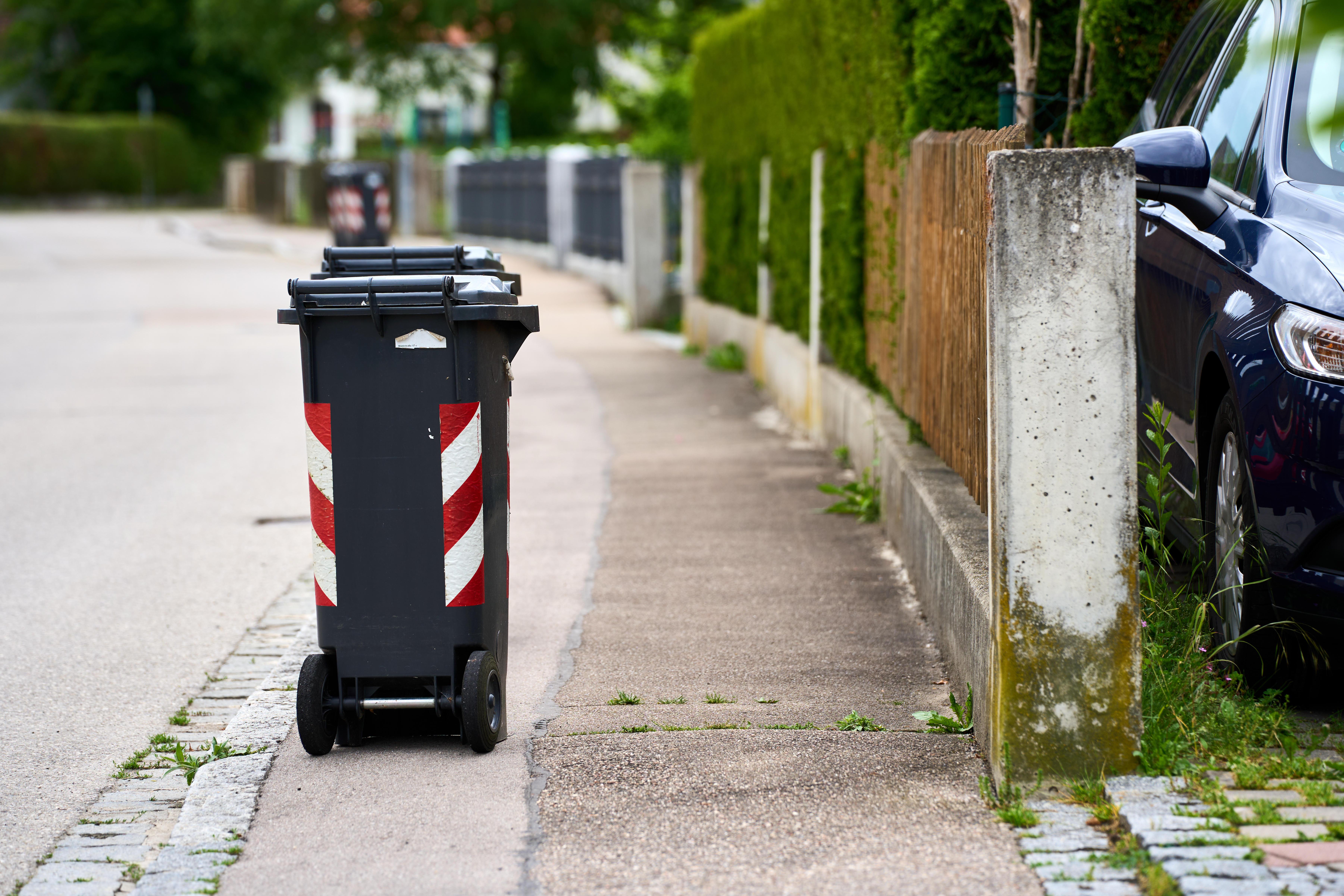 Mülltonnen stehen am Straßenrand.