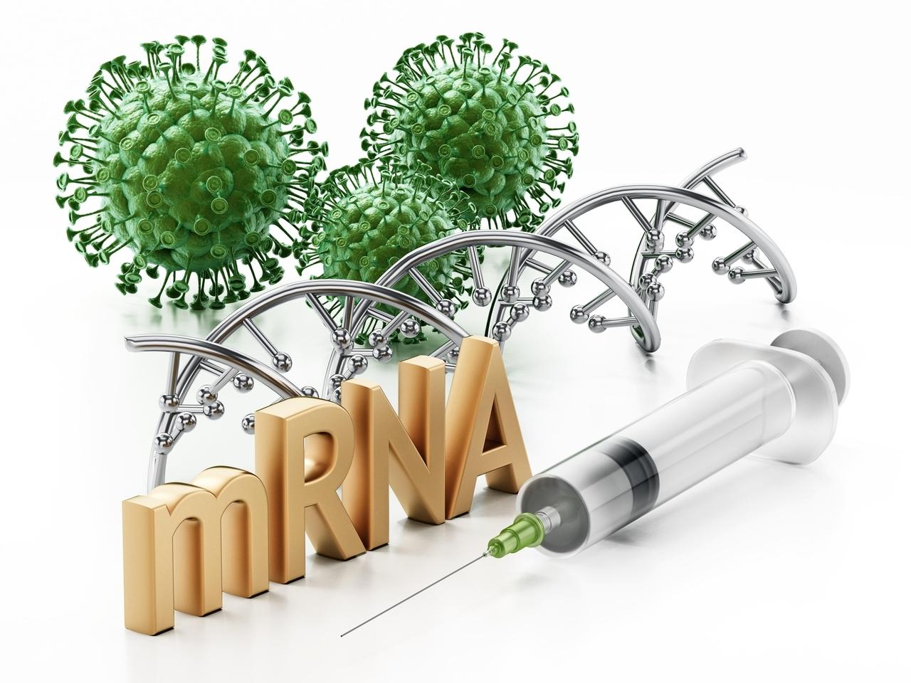 Illustration eines Schriftzugs "mRNA" mit Impfspritze und Coronaviren.