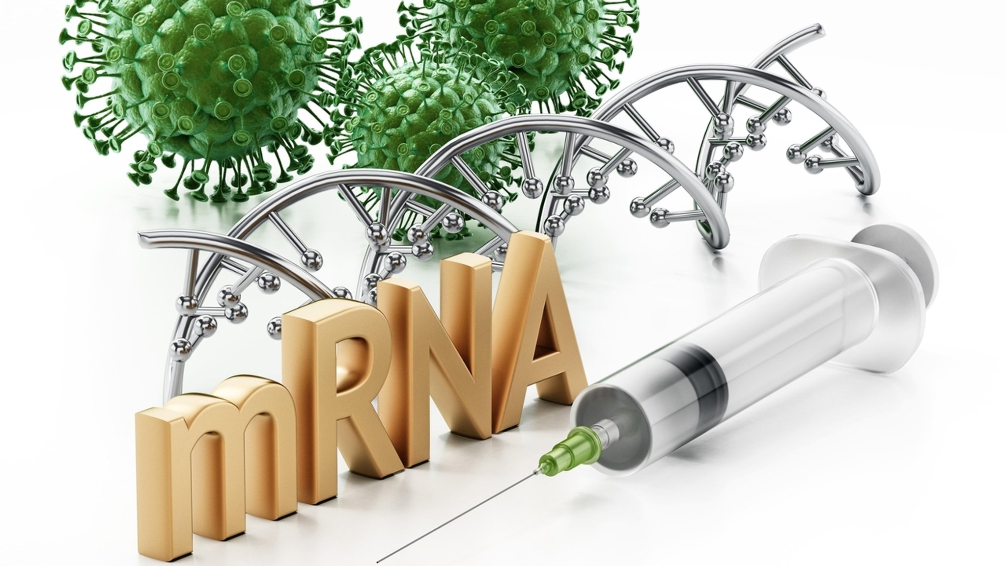 Illustration eines Schriftzugs "mRNA" mit Impfspritze und Coronaviren.