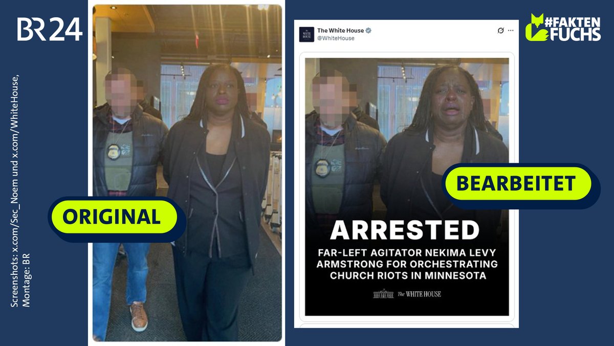 Zwei Screenshots. Links: Ein Originalbild von der Festnahme Levy Armstrongs. Rechts: Ein KI-manipuliertes Bild derselben Szene, auf dem Armstrong anders als auf dem Originalbild weint.