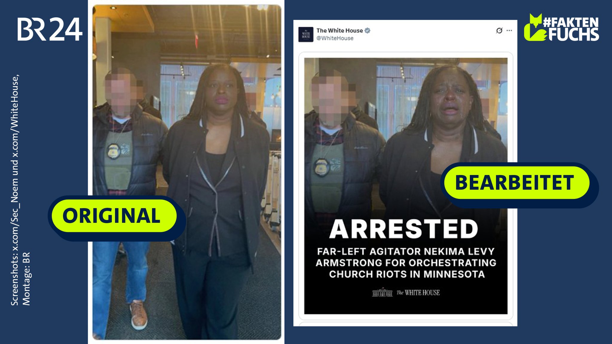 Zwei Screenshots. Links: Ein Originalbild von der Festnahme Levy Armstrongs. Rechts: Ein KI-manipuliertes Bild derselben Szene, auf dem Armstrong anders als auf dem Originalbild weint.