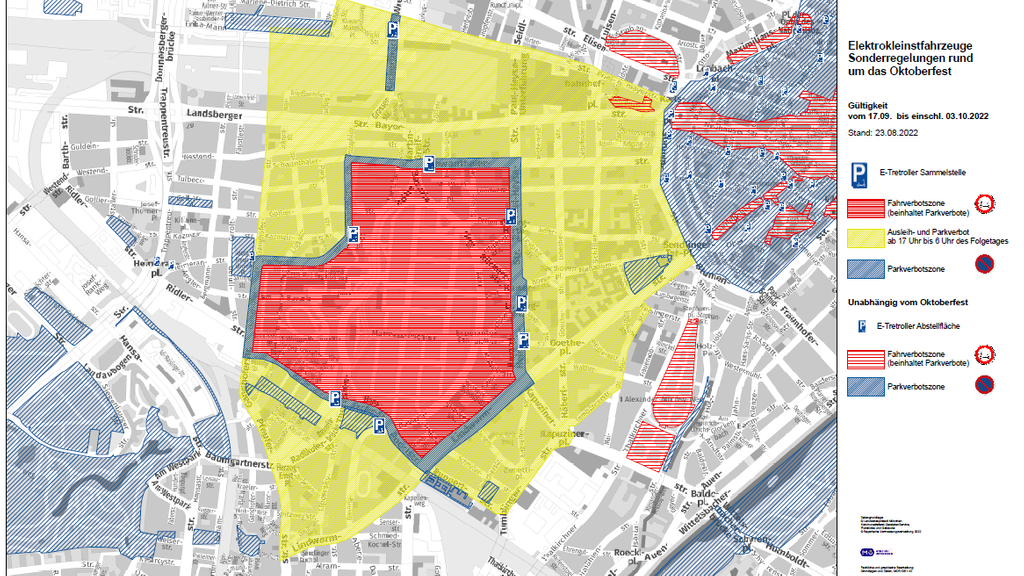 Auf einer Karte sind die Straßen in München rund um die Theresienwiese abgebildet. In einem Radius bis zu einem Kilometer rund um das Festgelände ist der Bereich eingezeichnet, in dem E-Scooter von 17 bis 6 Uhr nicht ausgeliehen werden können.