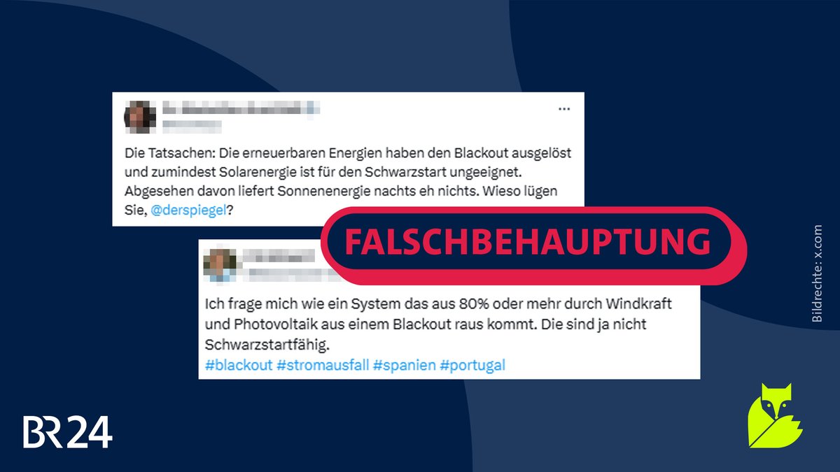 Screenshots mit Behauptungen zum Blackout in Spanien und Portugal, darüber der Stempel "Falschbehauptung".