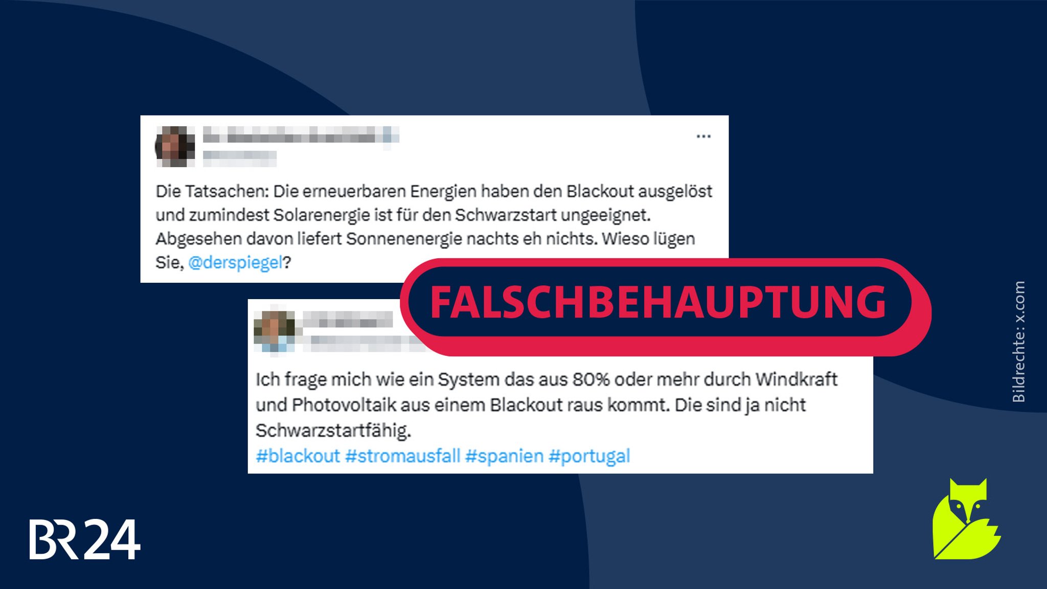 Screenshots mit Behauptungen zum Blackout in Spanien und Portugal, darüber der Stempel "Falschbehauptung".