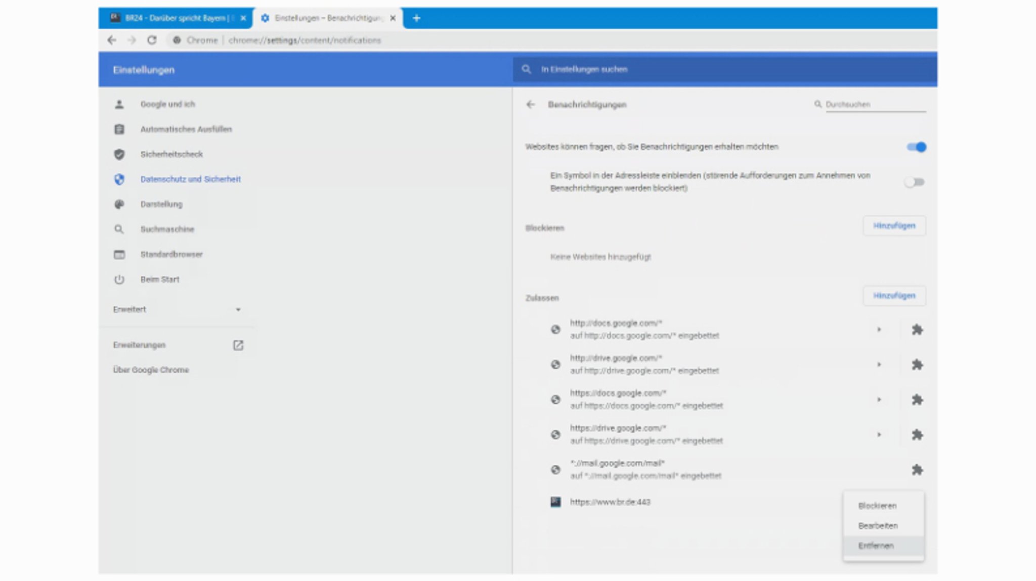 Unter Zulassen wählen Sie abschließend bei BR24.de die Option Entfernen
