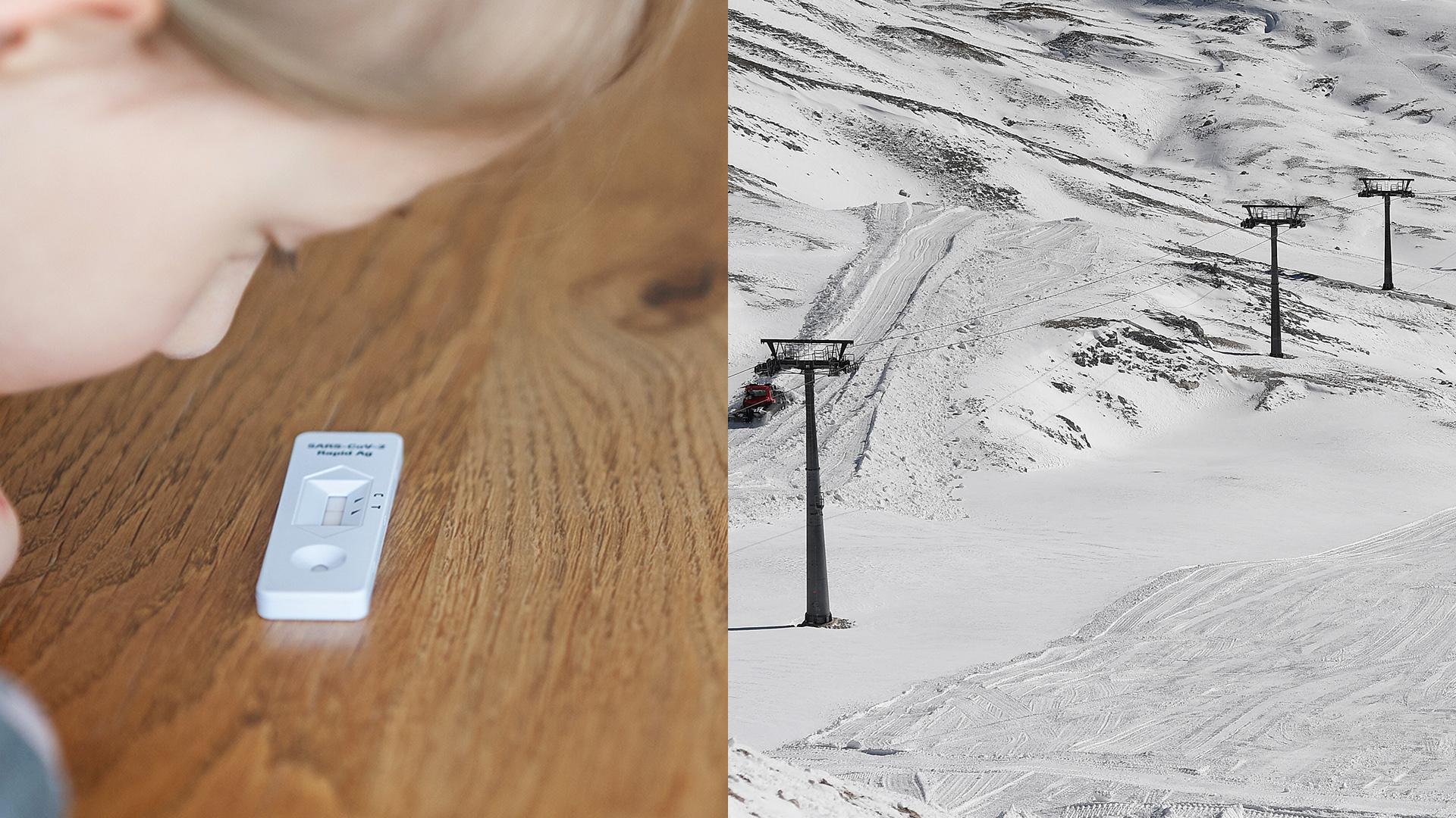 Corona-Selbsttest (l.), Skigebiet in Bayern (r.)