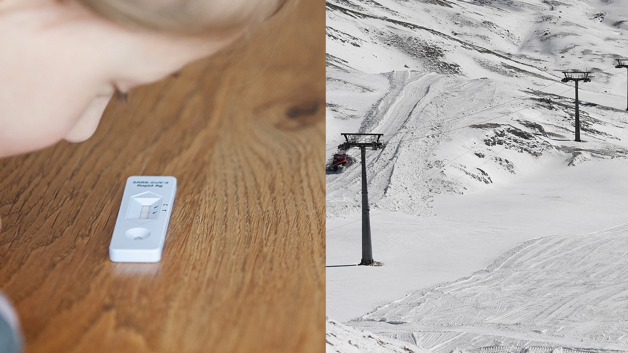 Corona-Selbsttest (l.), Skigebiet in Bayern (r.)