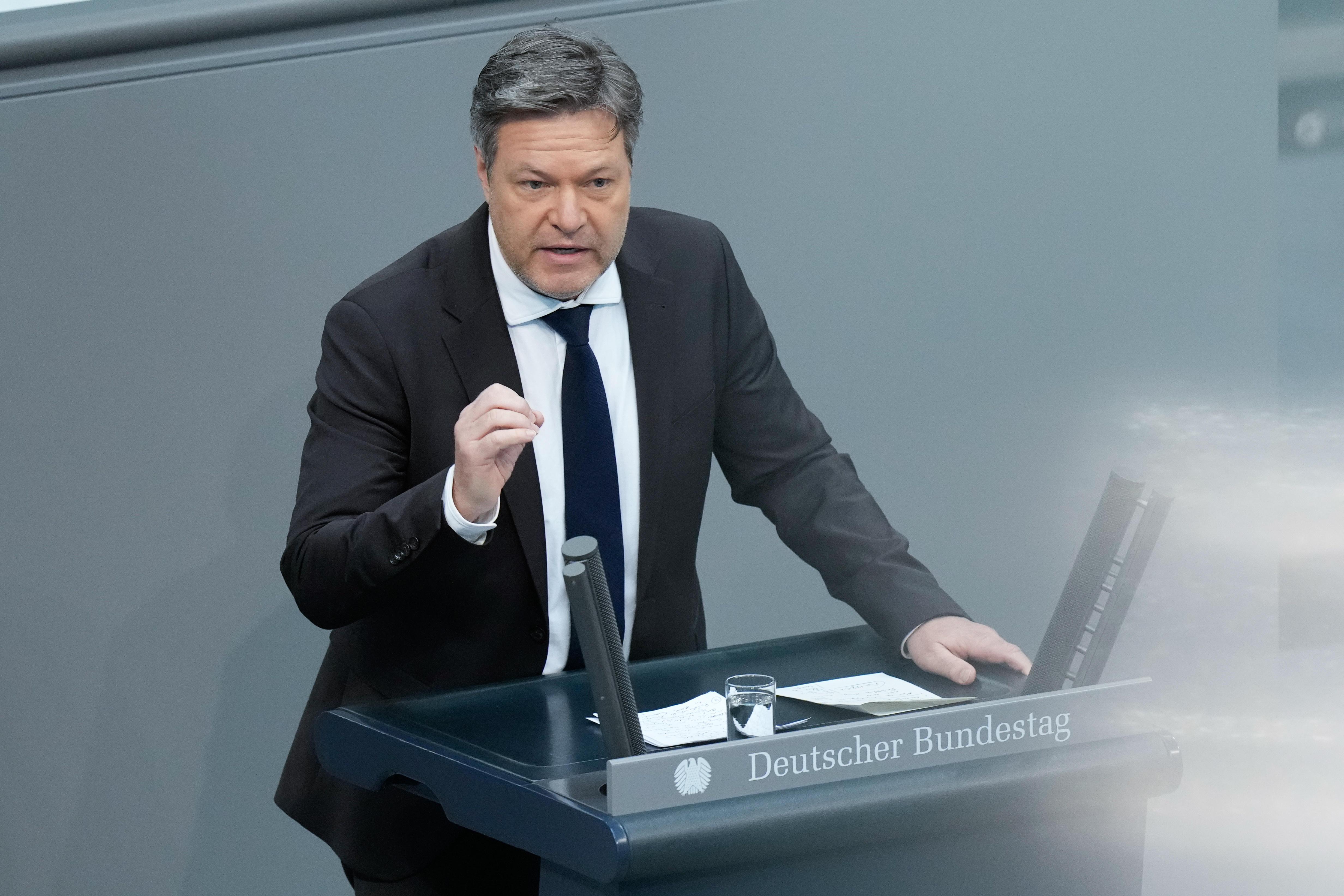 Wirtschafts- und Klimaminister Robert Habeck (Gruene) im Portrait mit kraftvoller Handgeste bei seiner Rede im Plenum zum Bundeshaushalt des Ministerium fuer Wirtschaft und Klimaschutz bei der 151. Sitzung des Deutschen Bundestag in Berlin, 01.02.2024