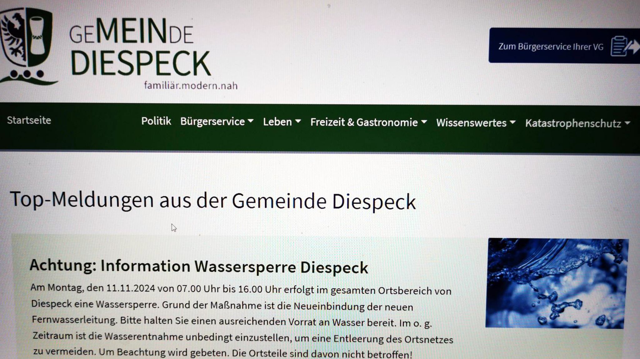 Online-Ankündigung der Gemeinde Diespeck