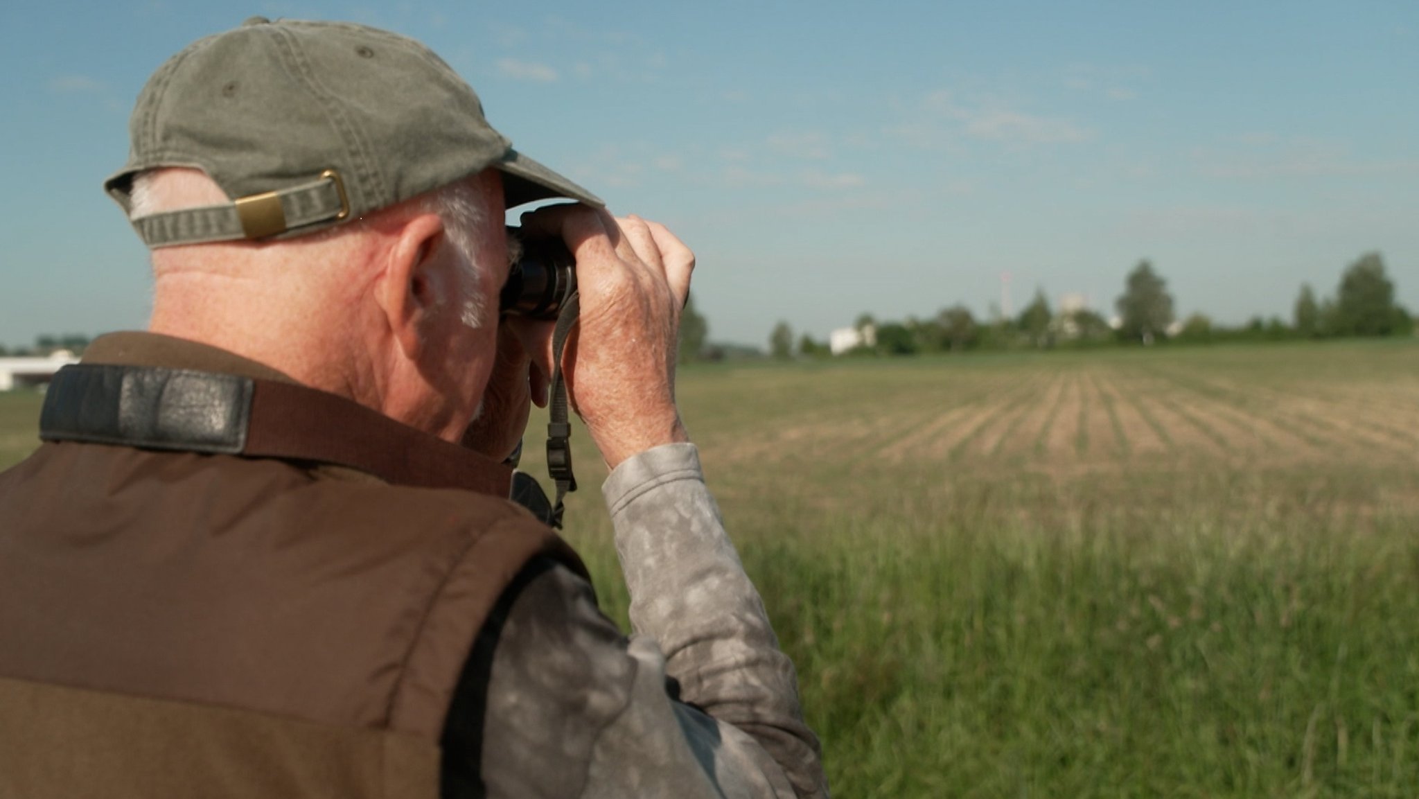 Mann mit Kappe von hinten schaut durch ein Fernglas auf einen Maisacker mit kleinen Pflanzen | Bild: BR / Daniel Bawelski Mann mit Kappe von hinten schaut durch ein Fernglas auf einen Maisacker mit kleinen Pflanzen