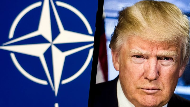 Ein Porträt vom künftigen US-Präsidenten Trump vor einer Nato-Flagge | Bild: picture alliance / ZUMAPRESS.com | Taidgh Barron Ein Porträt vom künftigen US-Präsidenten Trump vor einer Nato-Flagge
