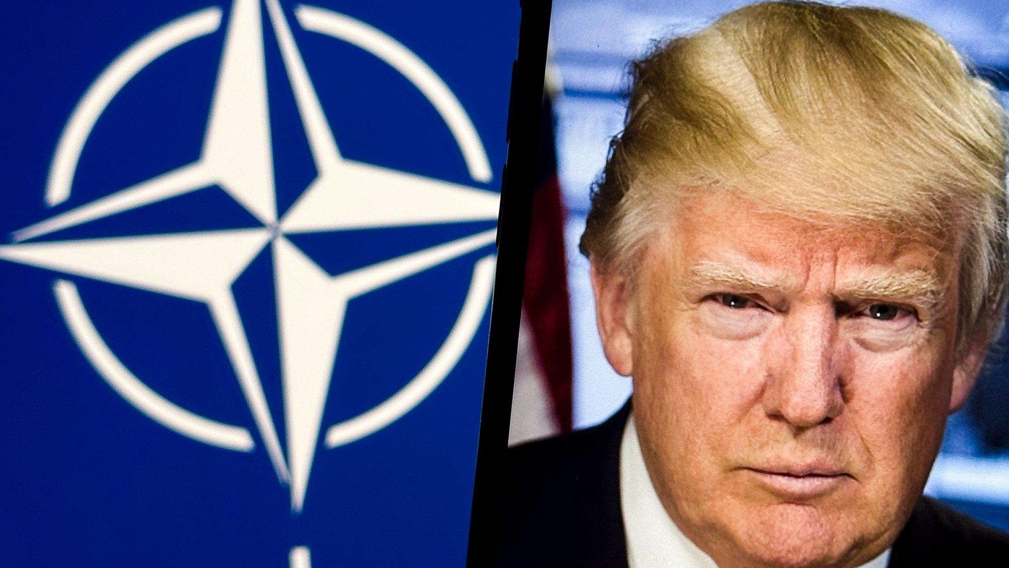 Ein Porträt vom künftigen US-Präsidenten Trump vor einer Nato-Flagge