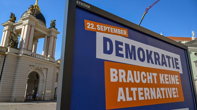 Ein Plakat mit der Aufschrift "Demokratie braucht keine Alternative! Wählen gehen! Demokratie schützen!" vor dem Brandenburger Landtag. | Bild: picture alliance/dpa | Jens Kalaene Ein Plakat mit der Aufschrift "Demokratie braucht keine Alternative! Wählen gehen! Demokratie schützen!" vor dem Brandenburger Landtag.