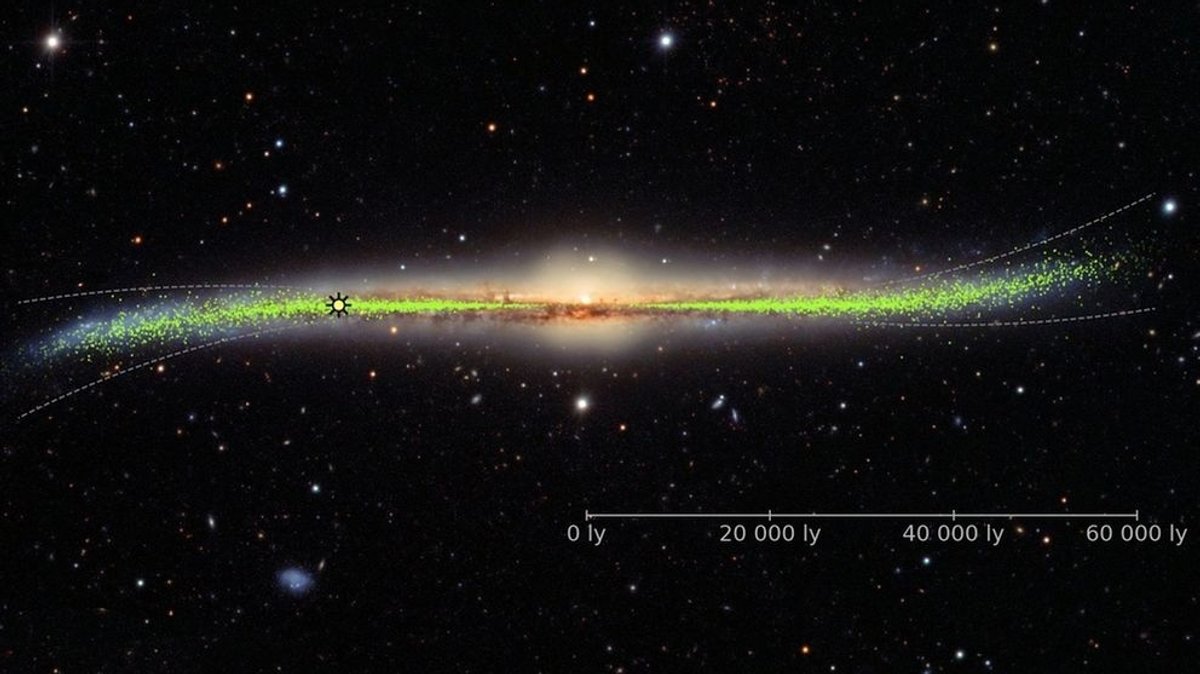 Darstellung der verbogenen Scheibe der Milchstraße: Astronomen haben mit Hilfe von Cepheiden-Sternen festgestellt, dass unsere Galaxie keine ganz flache Scheibe ist.
