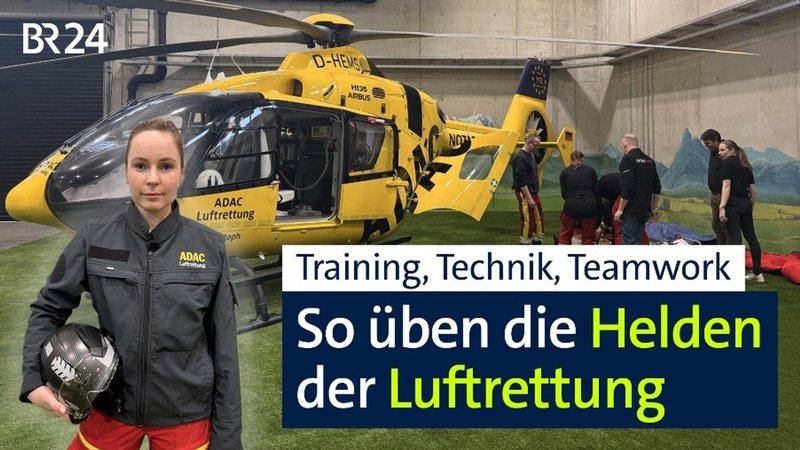 Eine Luftretterin des ADAC im Vordergrund. Im Hintergrund sieht man eine Rettungsübung an einem Rettungshubschrauber des ADAC. | Bild: BR Eine Luftretterin des ADAC im Vordergrund. Im Hintergrund sieht man eine Rettungsübung an einem Rettungshubschrauber des ADAC.