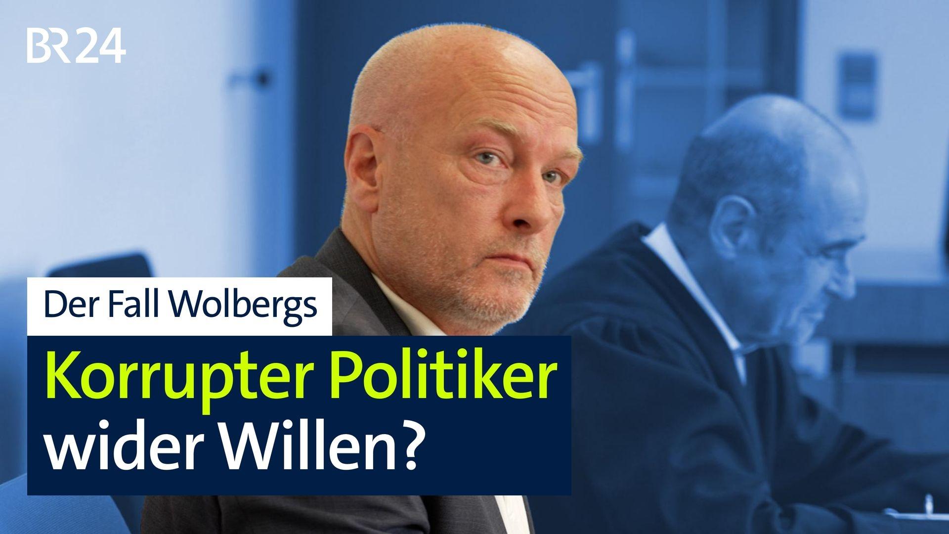 Der ehemalige Oberbürgermeister von Regensburg, Joachim Wolbergs, im Gerichtssaal. Der Hintergrund ist blau eingefärbt. Darauf die Aufschrift: Der Fall Wolbergs - Korrupter Politiker wider Willen?