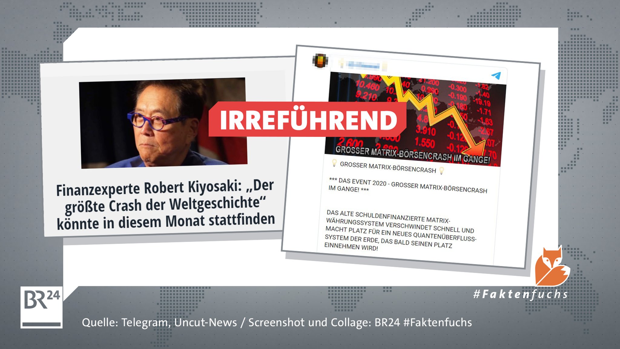 Montage: Auf dem Faktenfuchs-Hintergrund sind zwei Screenshots mit irreführenden Informationen eingefügt. 1. Screenshot: Ein Finanzexperte kündigt den angeblich "größte[n] Crash der Weltgeschichte" an. 2. Screenshot: Telegramnachricht: "Grosser Matrix-Börsencrash im Gange"