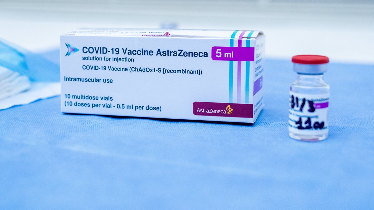 Packung Covid-19-Impfstoff von Astrazeneca mit Ampulle