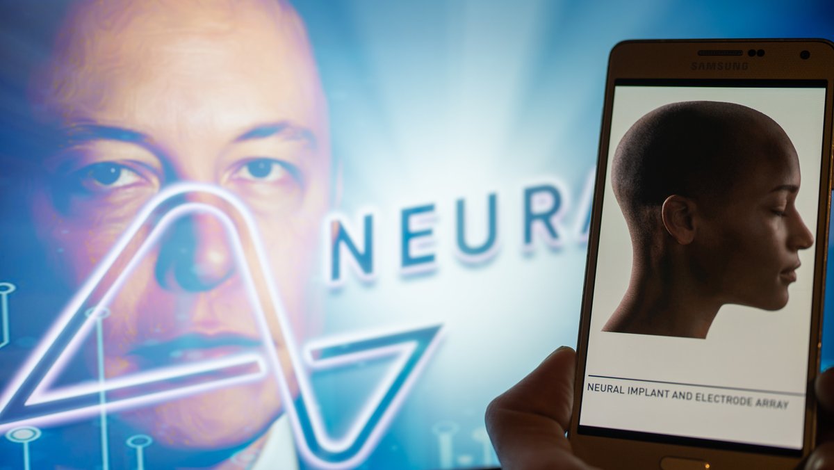 Neuralink-Logo, im Hintergrund Elon Musk