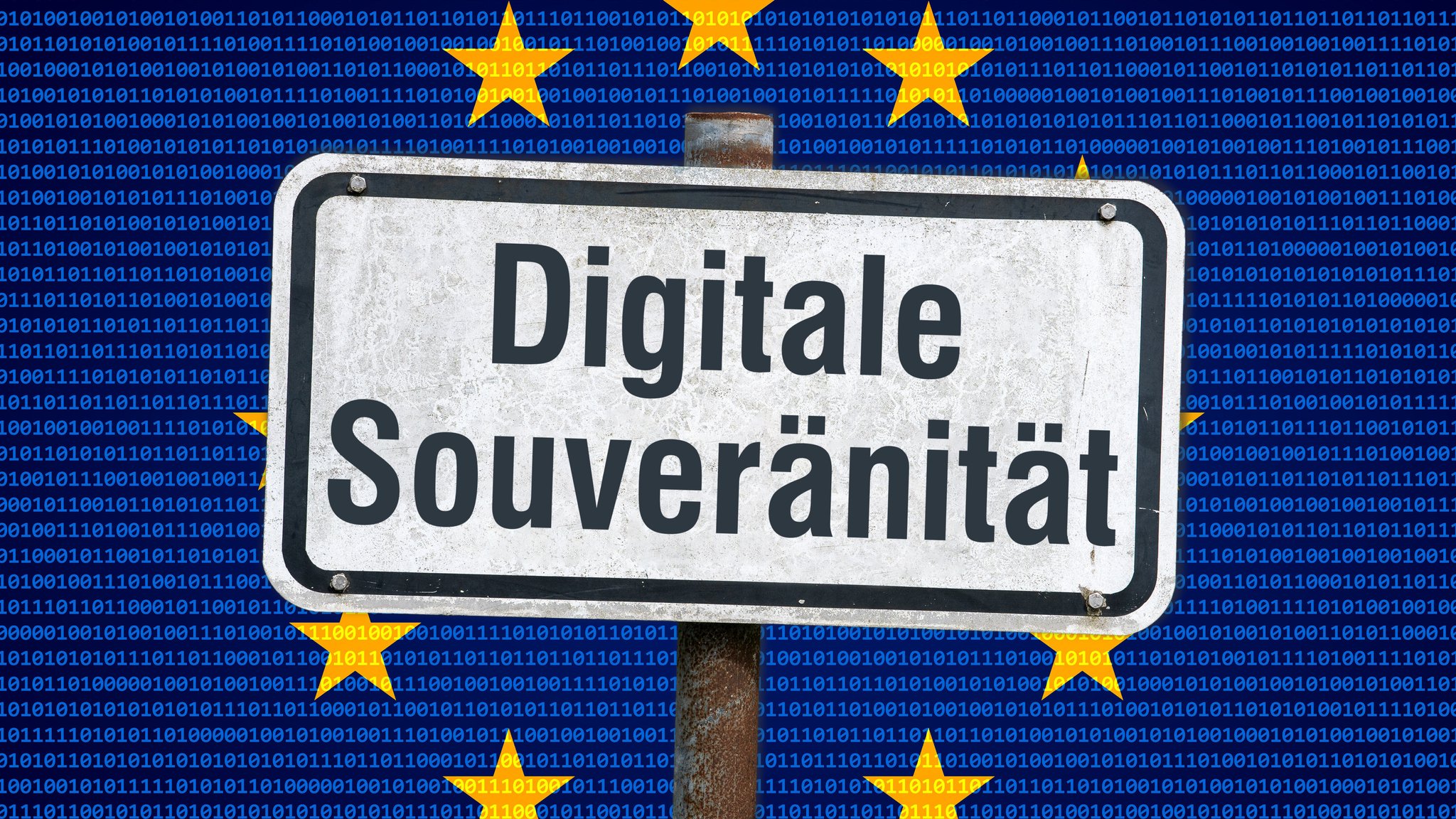 Symbolbild: Schild mit der Aufschrift "Digitale Souveränität" vor stilisierter EU-Flagge | Bild: picture alliance / SULUPRESS.DE | Torsten Sukrow / SULUPRESS.DE Symbolbild: Schild mit der Aufschrift "Digitale Souveränität" vor stilisierter EU-Flagge