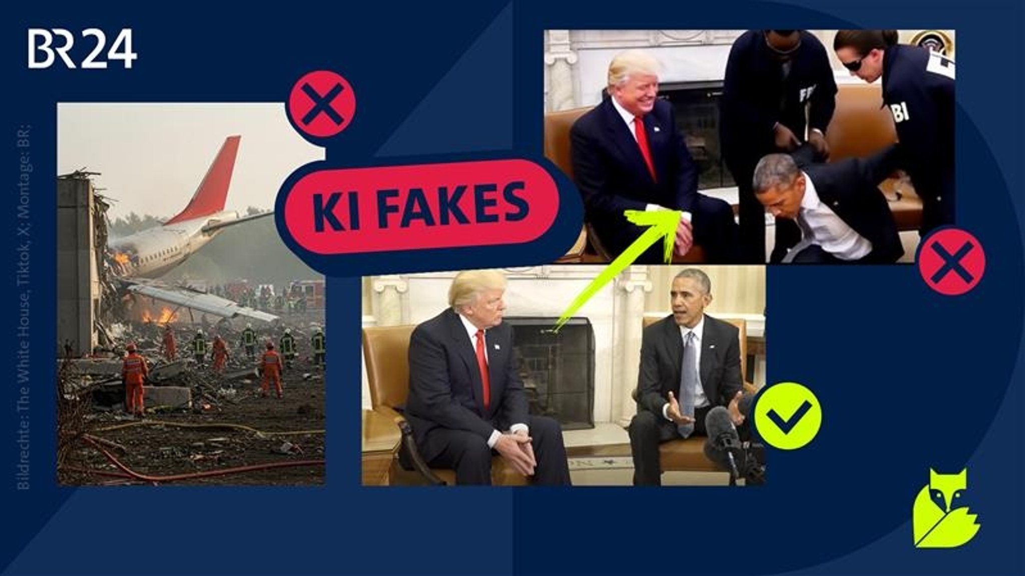 Zu sehen sind drei Bilder. Links ein KI-generiertes angebliches Bild des Air India-Absturzes. in der Mitte ein Screenshot eines echten Videos eines Treffens von Trump und Obama. Rechts ein Screenshot eines gefälschten Videos, dessen Ausgangsmaterial das echte Video von Trump und Obama ist. In dem gefälschten Video wird der KI-generierte Obama vermeintlich festgenommen.