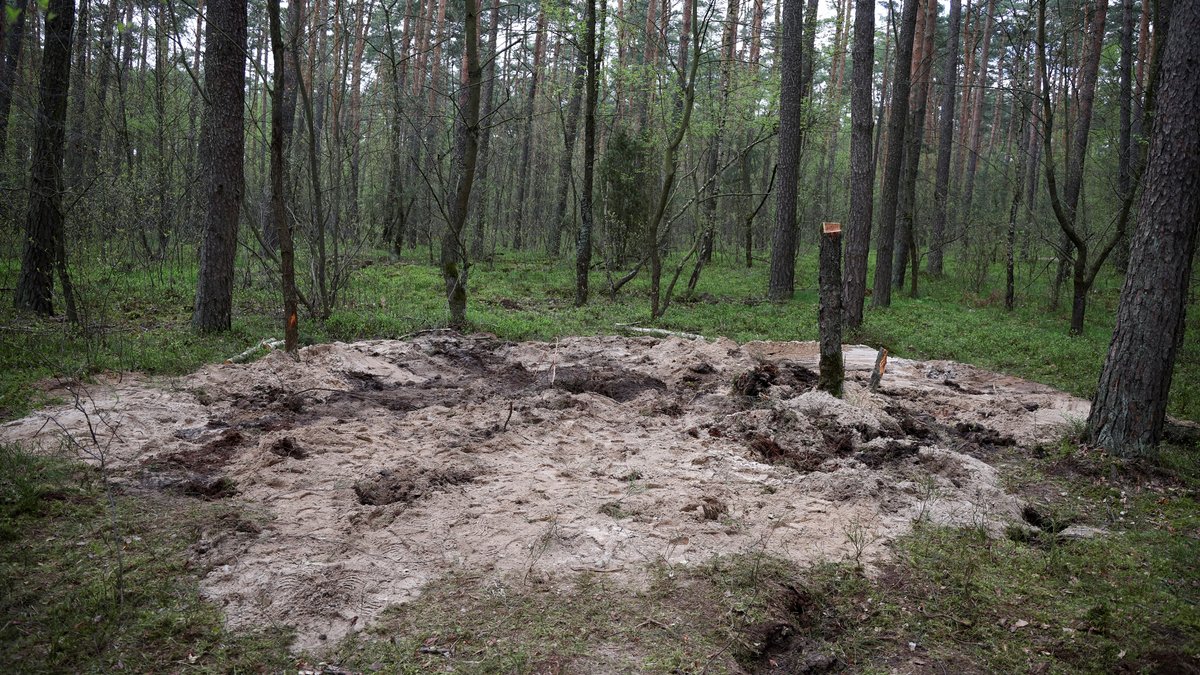 27. April 2023: Gesamtansicht der Stelle, an der die Überreste eines nicht identifizierten militärischen Objekts in einem nordpolnischen Wald in der Nähe der Stadt Bydgoszcz, Polen, gefunden wurden.