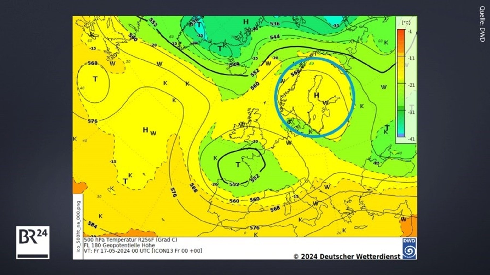 Karte des Deutschen Wetterdienstes zur Omega Wetterlage mit stabilem Hoch über Skandinavien...