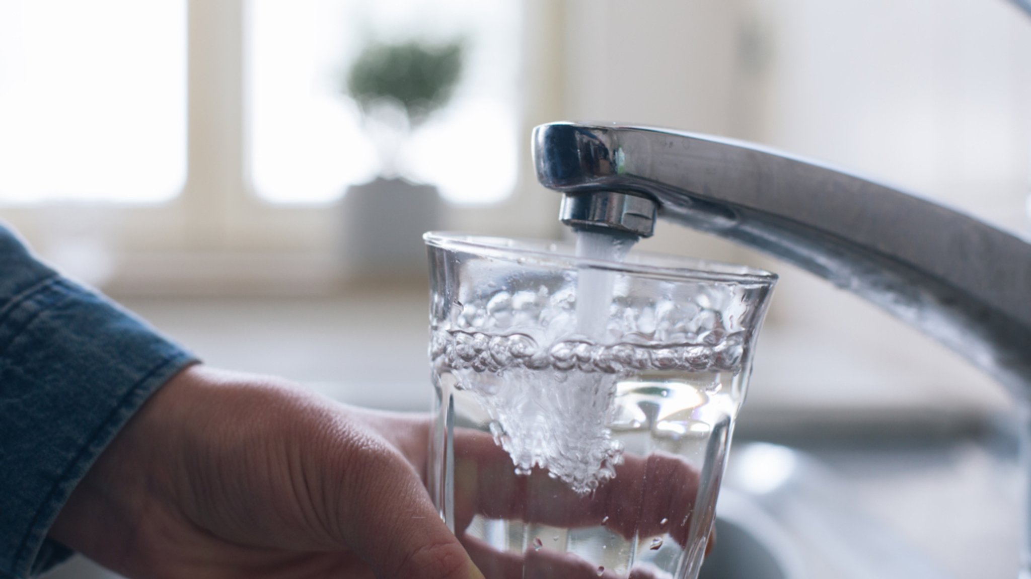 Jemand füllt am Wasserhahn ein Glas mit Leitungswasser.