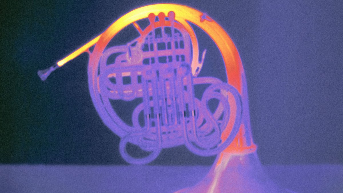 Das Wärmebild zeigt, wo das Horn beim Musizieren besonders beansprucht und entsprechend warm wird.