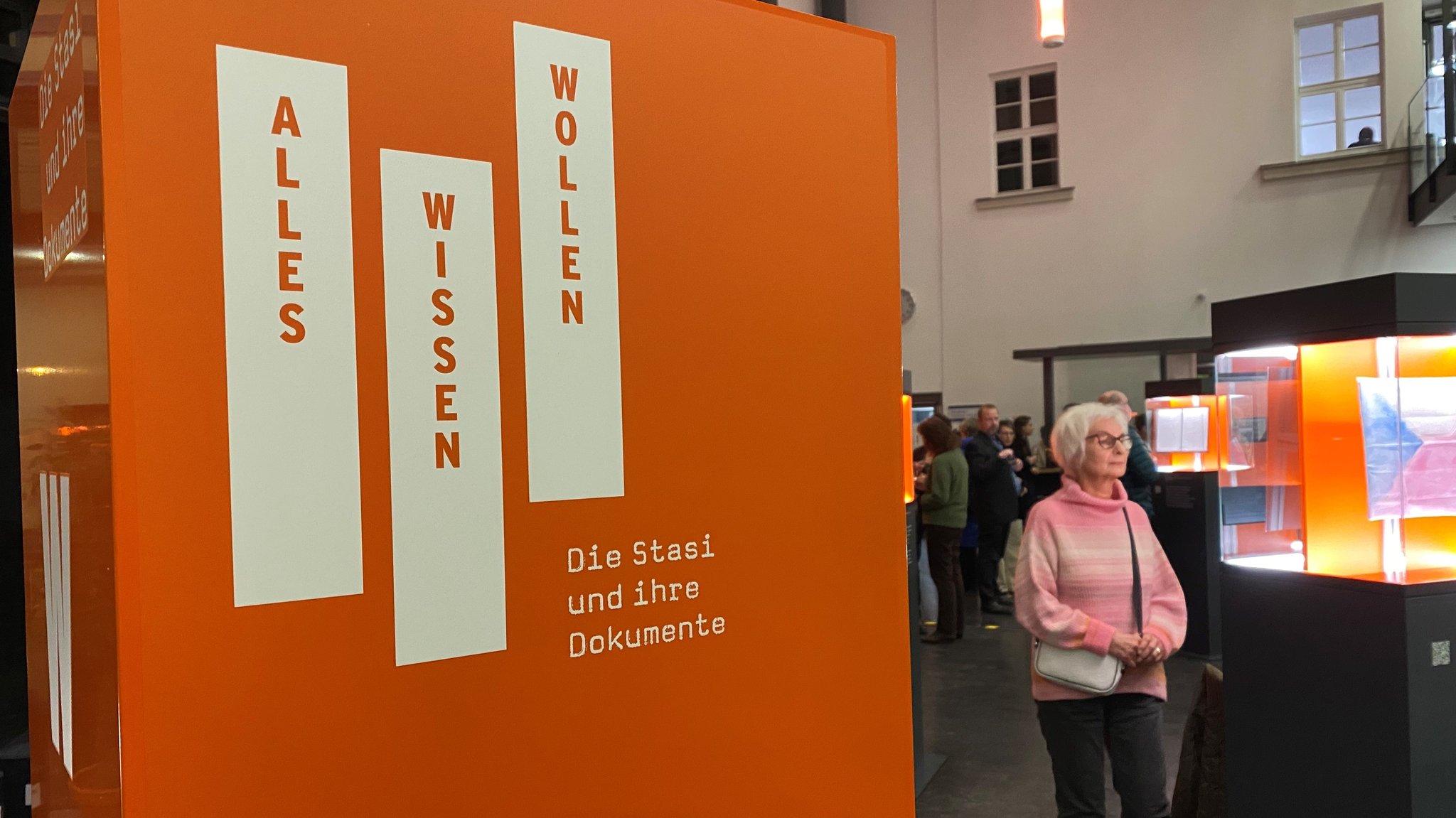 Die Ausstellung Alles Wissen Wollen mit beleuchteten Exponaten in hohen Stelen.