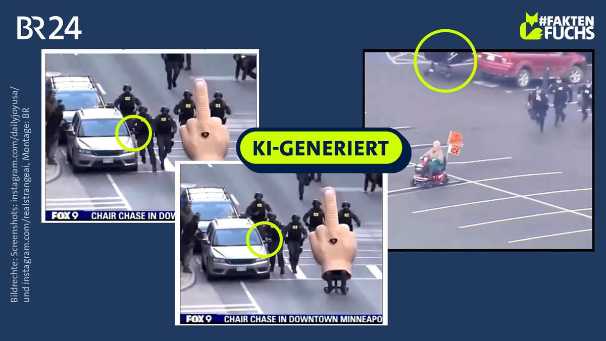 Drei Screenshots, die Fehler von KI-Videos zeigen. Links: Zwei Screenshots die zeigen, wie ein ICE-Beamter in einem Video scheinbar durch einen Autospiegel hindurchläuft. Rechts: Ein Screenshot, der einen überdimensionierten Einkaufswagen im Hintergrund eines anderen KI-Videos zeigt.