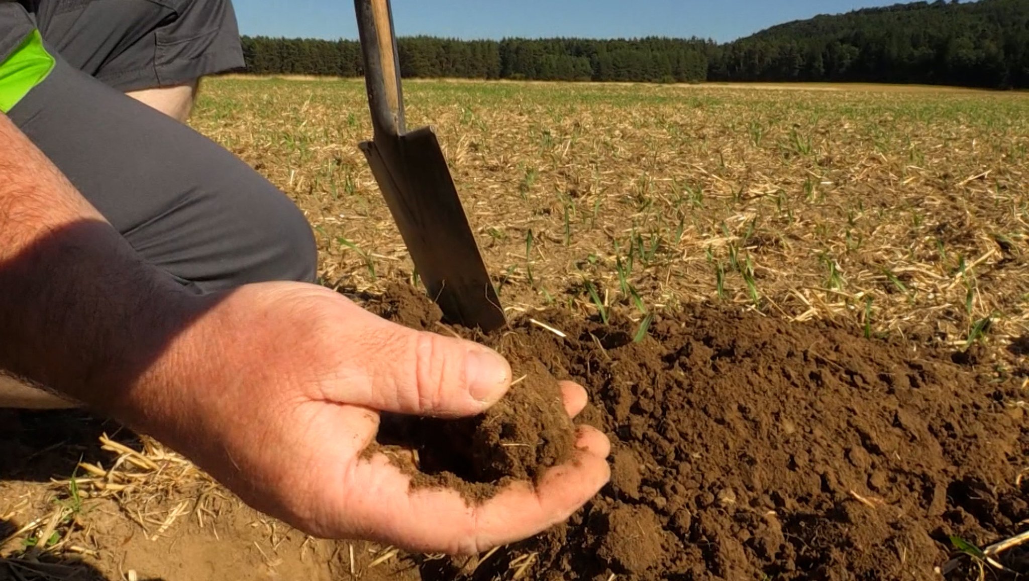 Ein Landwirt gräbt in der Erde seines Feldes