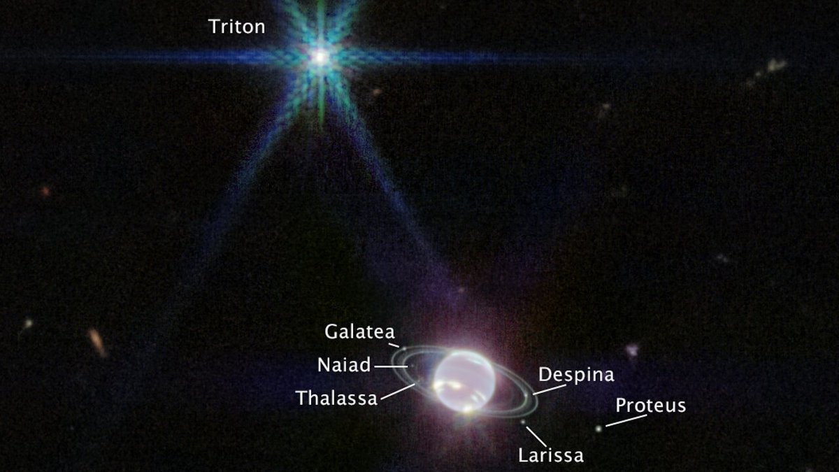 Neptun und sieben seiner 14 Monde, Triton erscheint dabei besonders hell.
