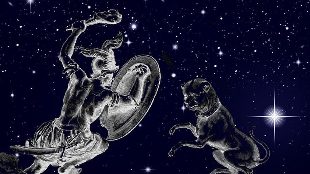 symbolische Darstellung der Sternilder Pegasus und Andromeda vor dem Sternenhimmel
