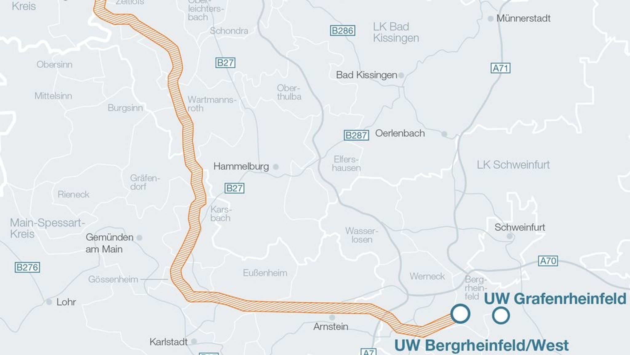 Hier soll die Fulda-Main-Leitung durch Unterfranken verlaufen.