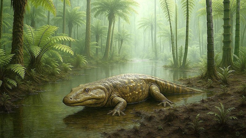 Eine KI-generierte Lebend-Rekonstruktion eines Cyclotosaurus mit Riesenfarnen und Schachtelhalmbäumen. | Bild: LfU Eine KI-generierte Lebend-Rekonstruktion eines Cyclotosaurus mit Riesenfarnen und Schachtelhalmbäumen.