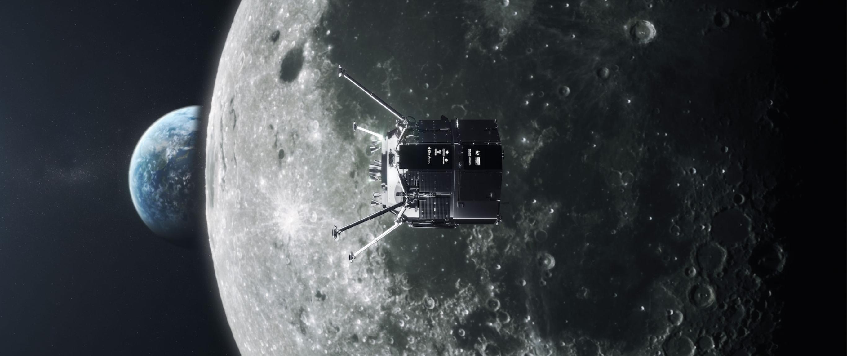 Hakuto-R M1 Mond-Lander von ispace vor dem Mond, im Hintergrund die Erde