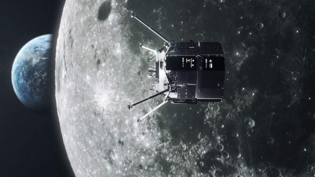 Hakuto-R M1 Mond-Lander von ispace vor dem Mond, im Hintergrund die Erde